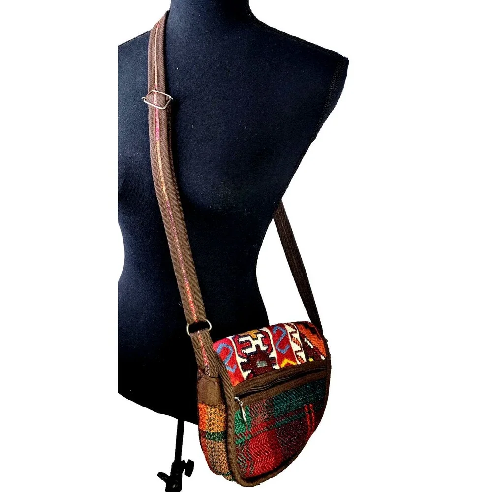 Vintage 80s 90s Southwestern Leather Turkish Kilim Bag Cross Body Boho Purse